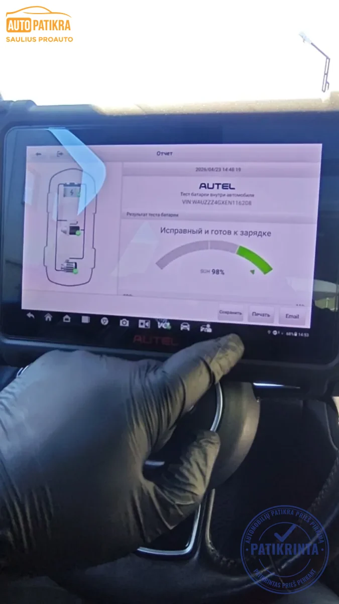 Autel 12 V sistemos testo rezultatas diagnostikos įrenginyje